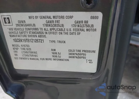 2001 Chevrolet Silverado 1500 Ls z USA, uszkodzony, nr VIN 1GCEK19T61Z126721